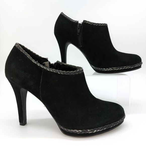 Antonio Melani Ankle Booties Sz 7M Black Heels Dante Suede Braided Trim Detail - Picture 1 of 12